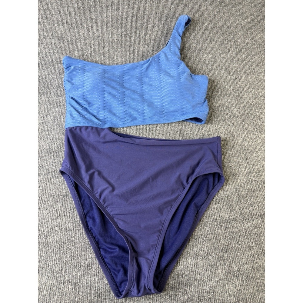 Splendid One Shoulder Bikini Set Womens L‎ Blue Colorblock Textured Swim